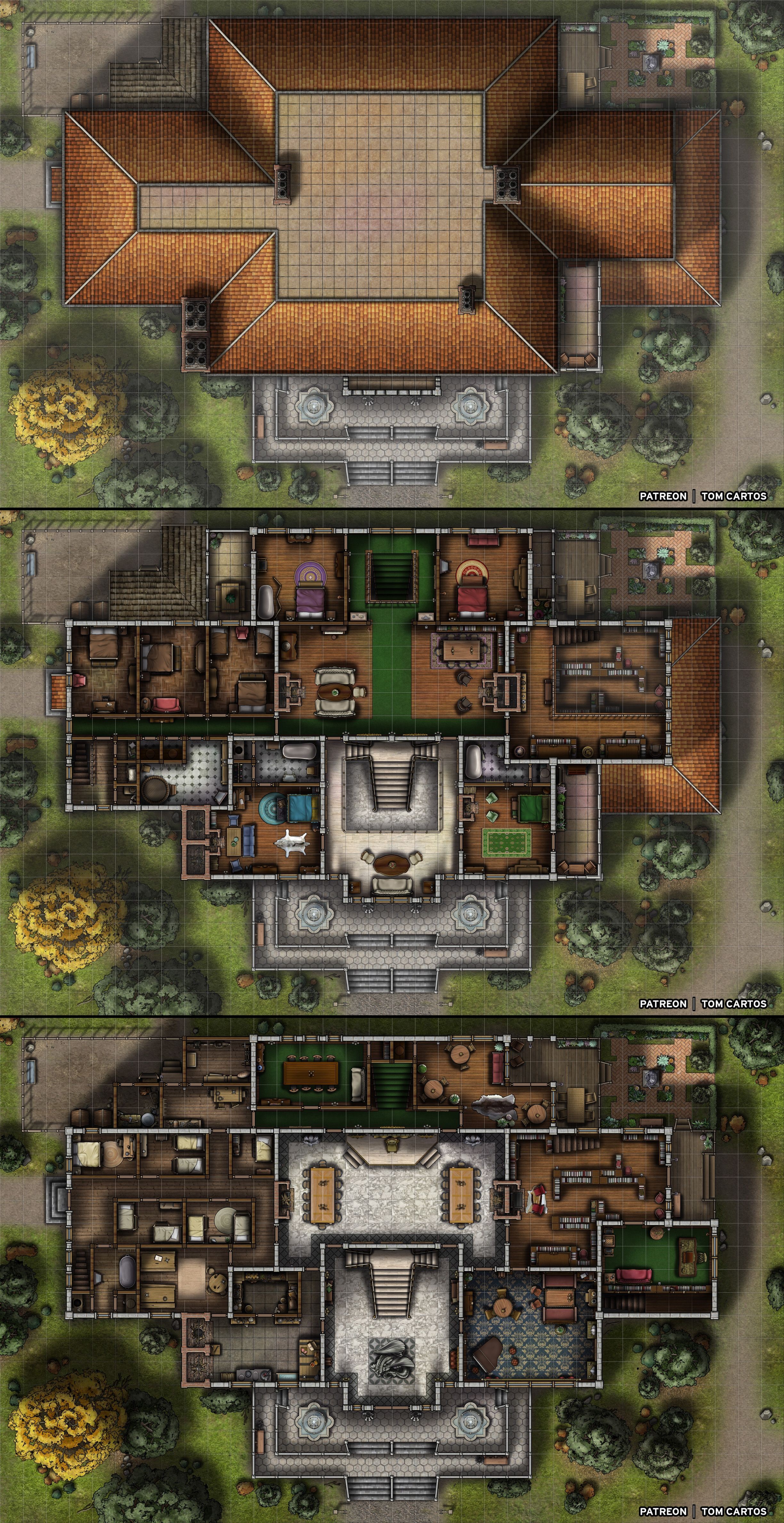 modern mansion map, carte de JDR moderne (2448×4752 pixels) — battlemap pour Roll20 et Foundry VTT.