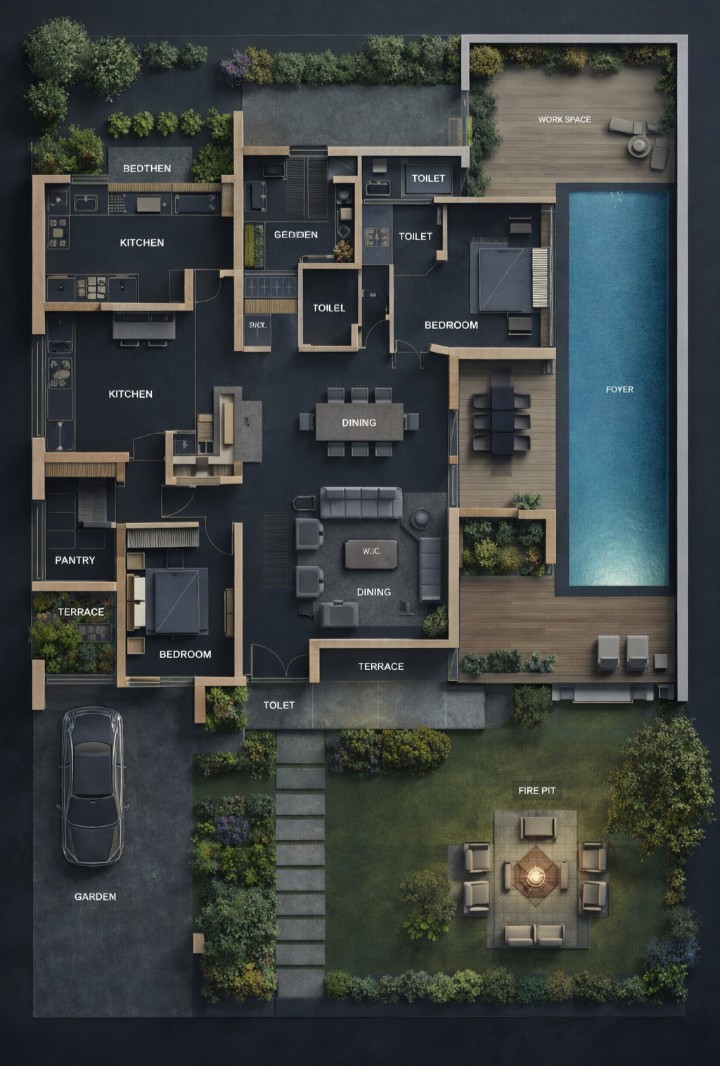 modern mansion map, carte de JDR moderne (720×1066 pixels) — battlemap pour Roll20 et Foundry VTT.