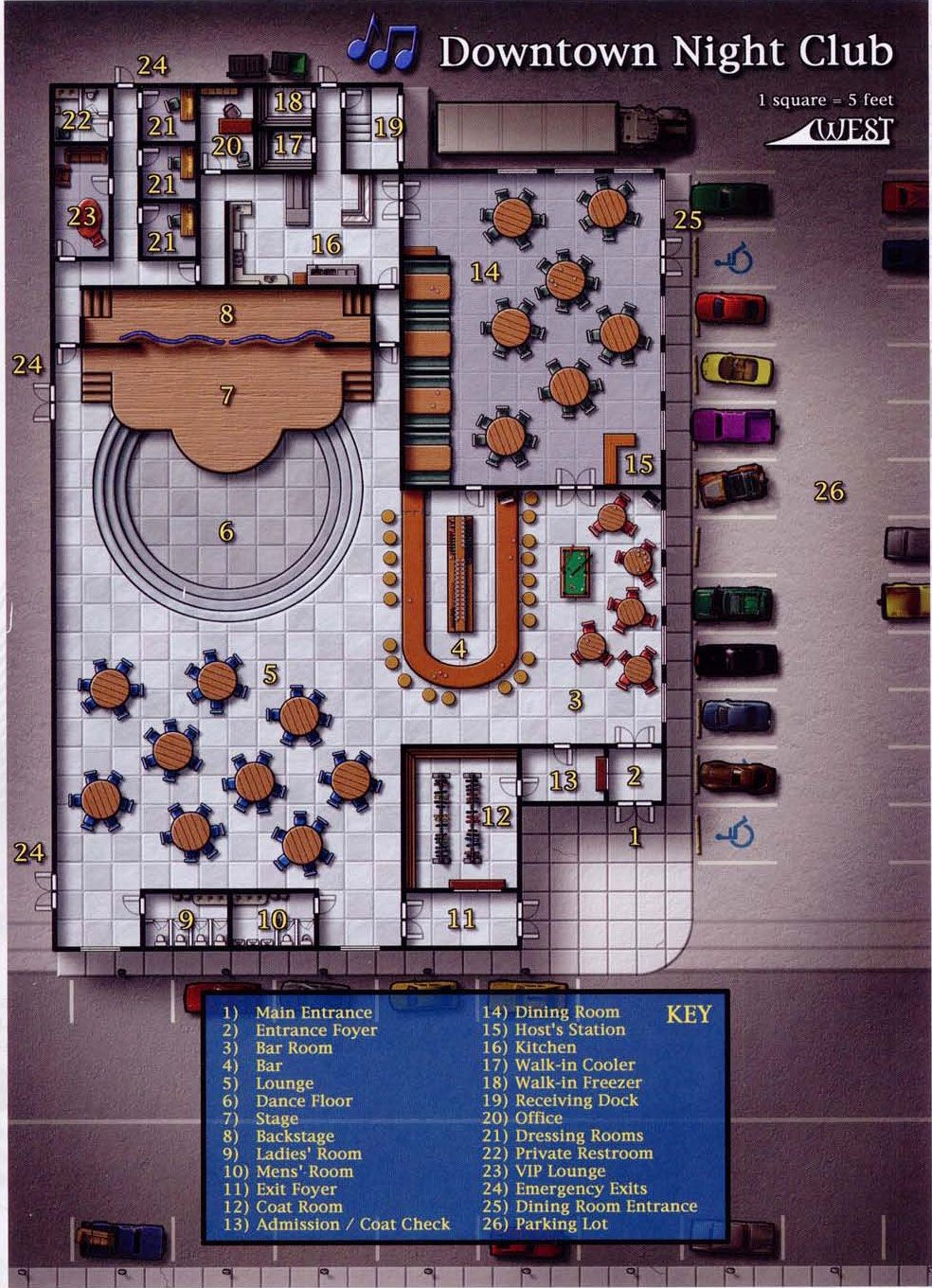 modern night club map, carte de JDR moderne (984×1360 pixels) — battlemap pour Roll20 et Foundry VTT.