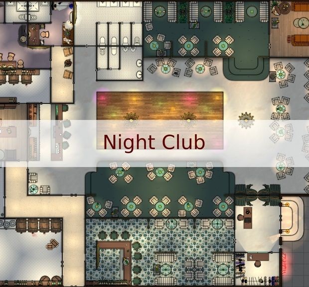 modern night club map, carte de JDR moderne (620×577 pixels) — battlemap pour Roll20 et Foundry VTT.