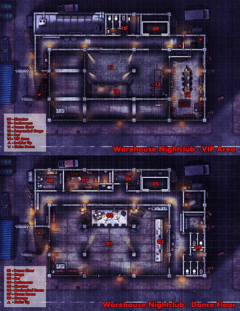 modern night club map, carte de JDR moderne (820×1061 pixels) — battlemap pour Roll20 et Foundry VTT.