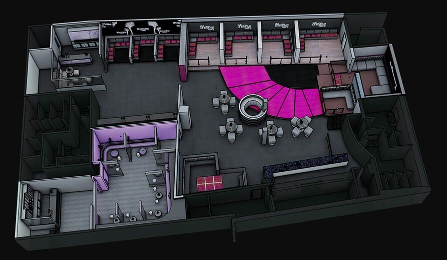 modern night club map, carte de JDR moderne (893×519 pixels) — battlemap pour Roll20 et Foundry VTT.