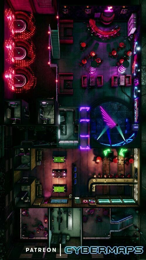 modern night club map, carte de JDR moderne (500×889 pixels) — battlemap pour Roll20 et Foundry VTT.
