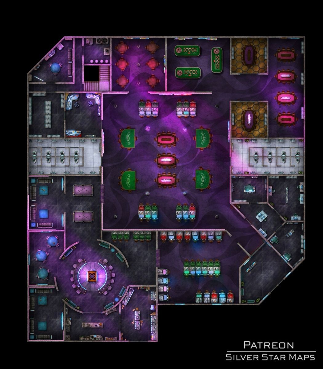 modern night club map, carte de JDR moderne (1050×1200 pixels) — battlemap pour Roll20 et Foundry VTT.