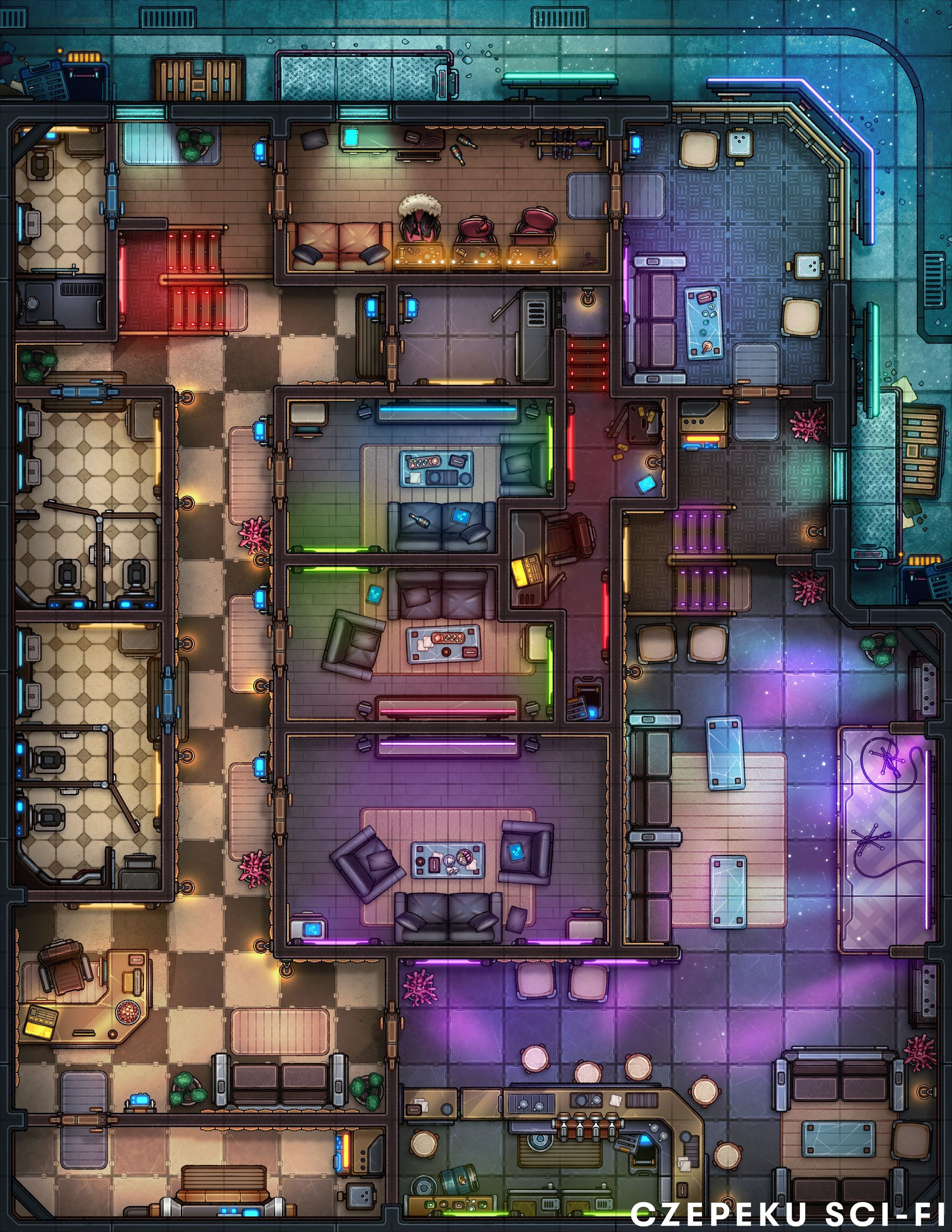 modern night club map, carte de JDR moderne (2380×3080 pixels) — battlemap pour Roll20 et Foundry VTT.