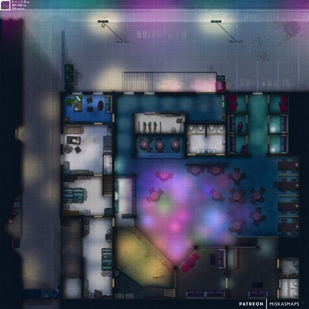 modern night club map, carte de JDR moderne (620×620 pixels) — battlemap pour Roll20 et Foundry VTT.
