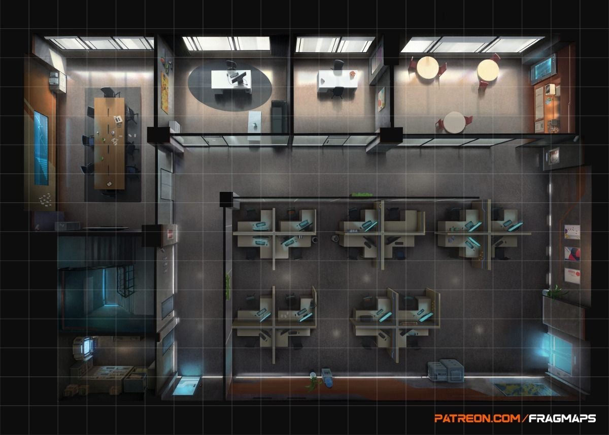 modern office map, carte de JDR moderne (1200×857 pixels) — battlemap pour Roll20 et Foundry VTT.