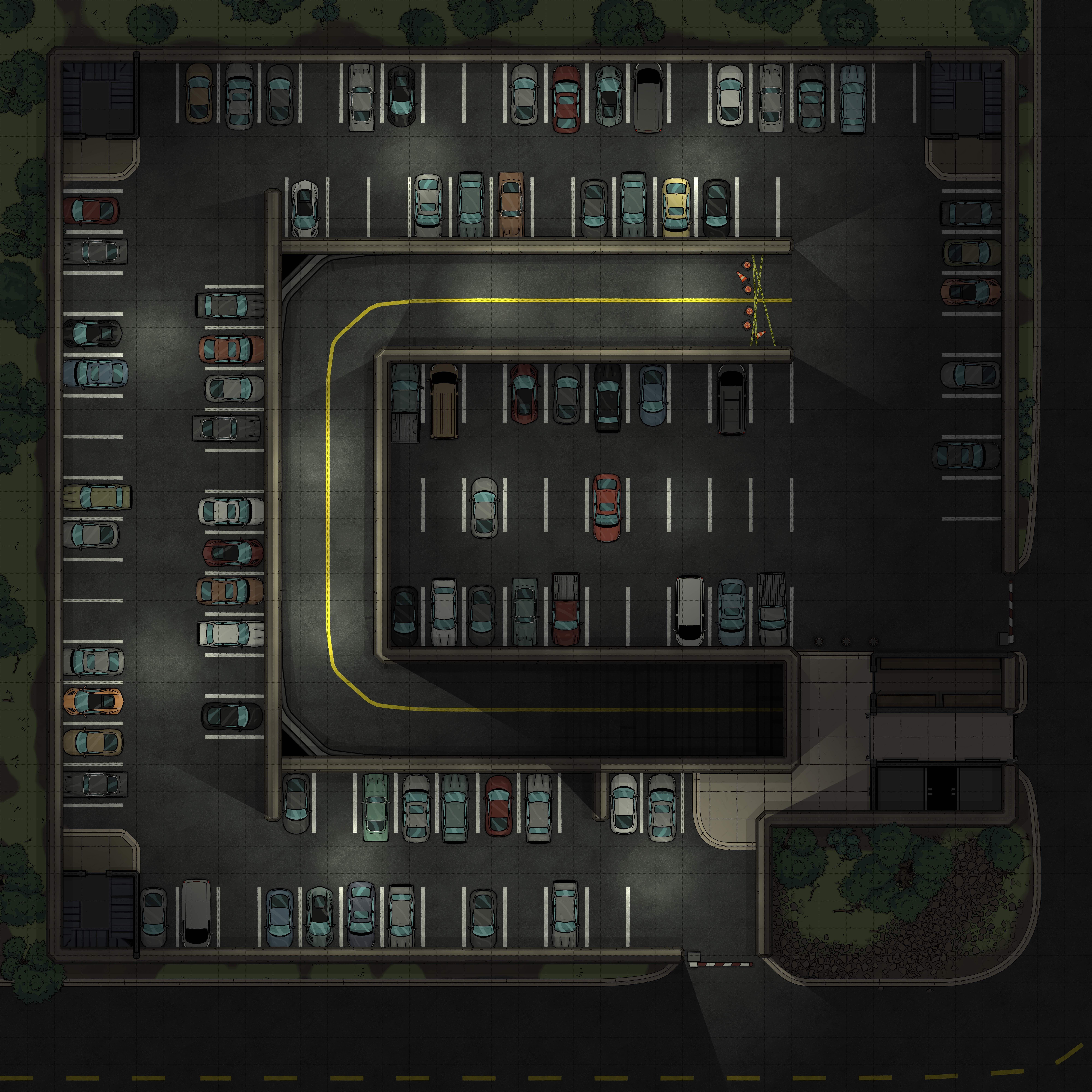 modern parking lot map, carte de JDR moderne (8000×8000 pixels) — battlemap pour Roll20 et Foundry VTT.