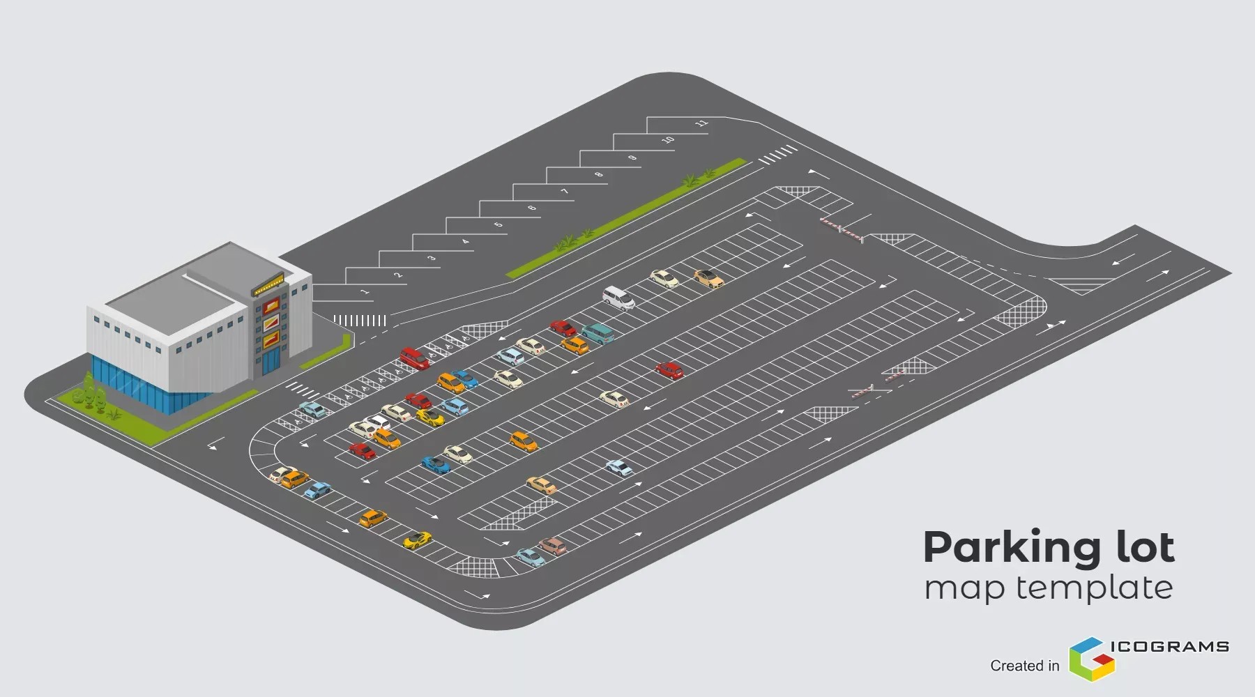 modern parking lot map, carte de JDR moderne (1800×1000 pixels) — battlemap pour Roll20 et Foundry VTT.