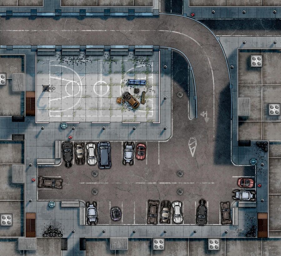 modern parking lot map, carte de JDR moderne (900×822 pixels) — battlemap pour Roll20 et Foundry VTT.