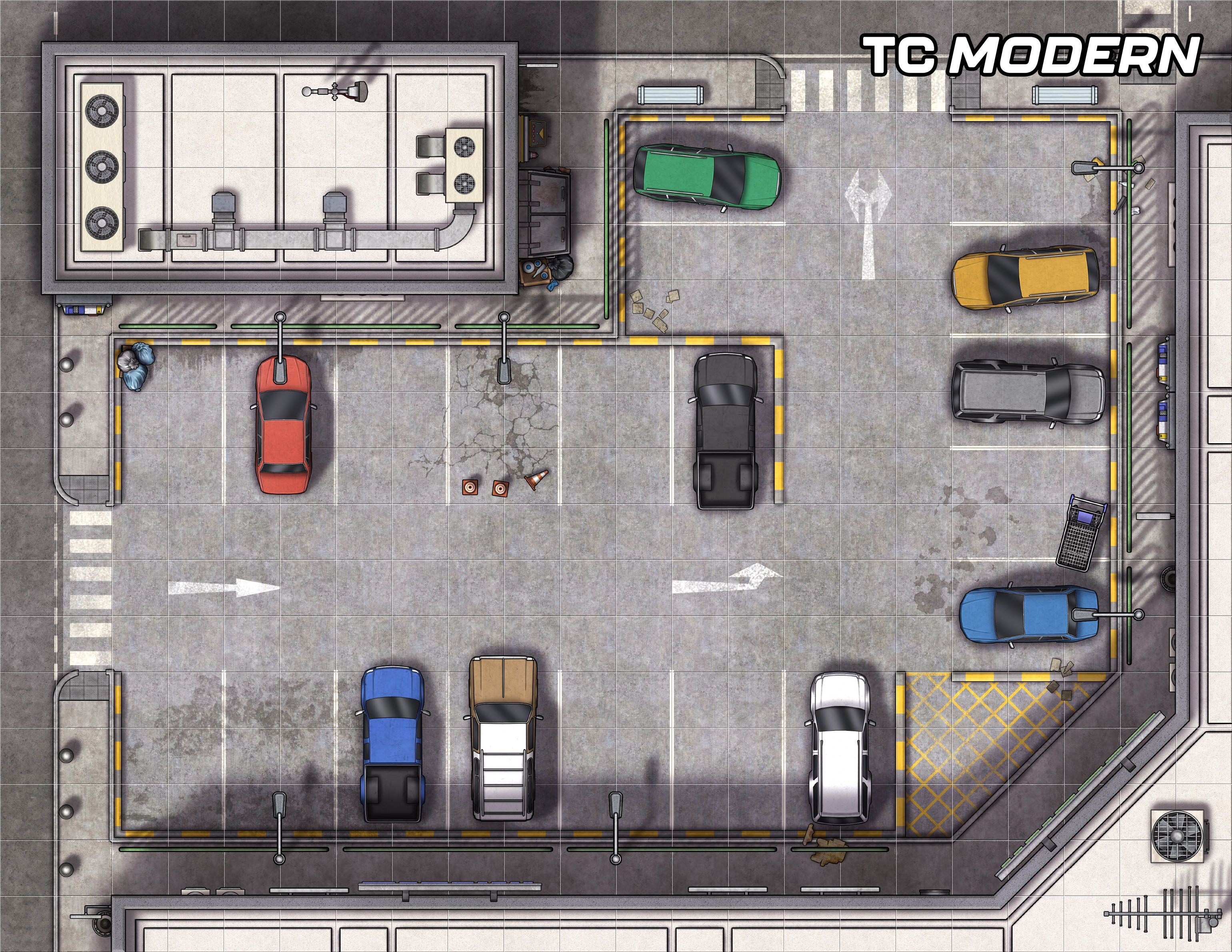 modern parking lot map, carte de JDR moderne (3080×2380 pixels) — battlemap pour Roll20 et Foundry VTT.