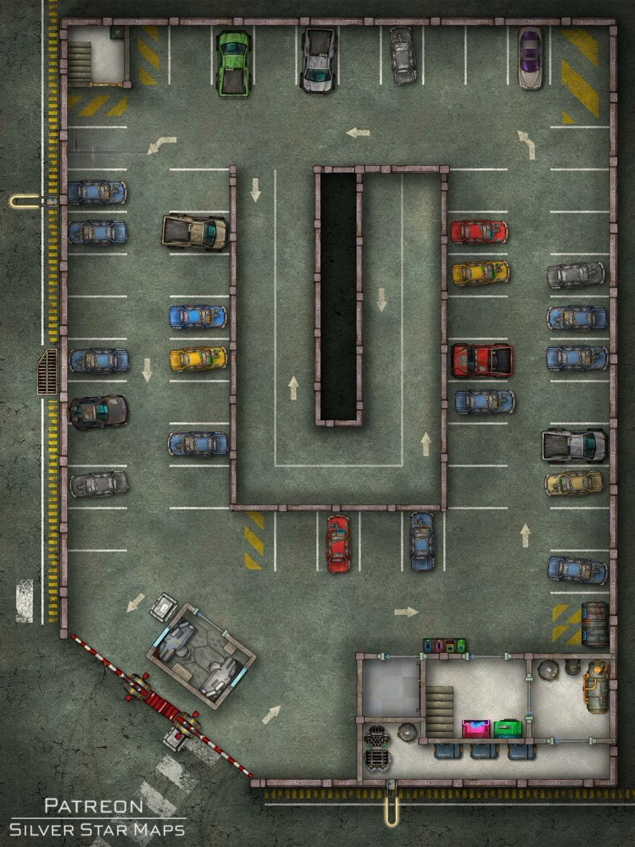 modern parking lot map, carte de JDR moderne (900×1200 pixels) — battlemap pour Roll20 et Foundry VTT.