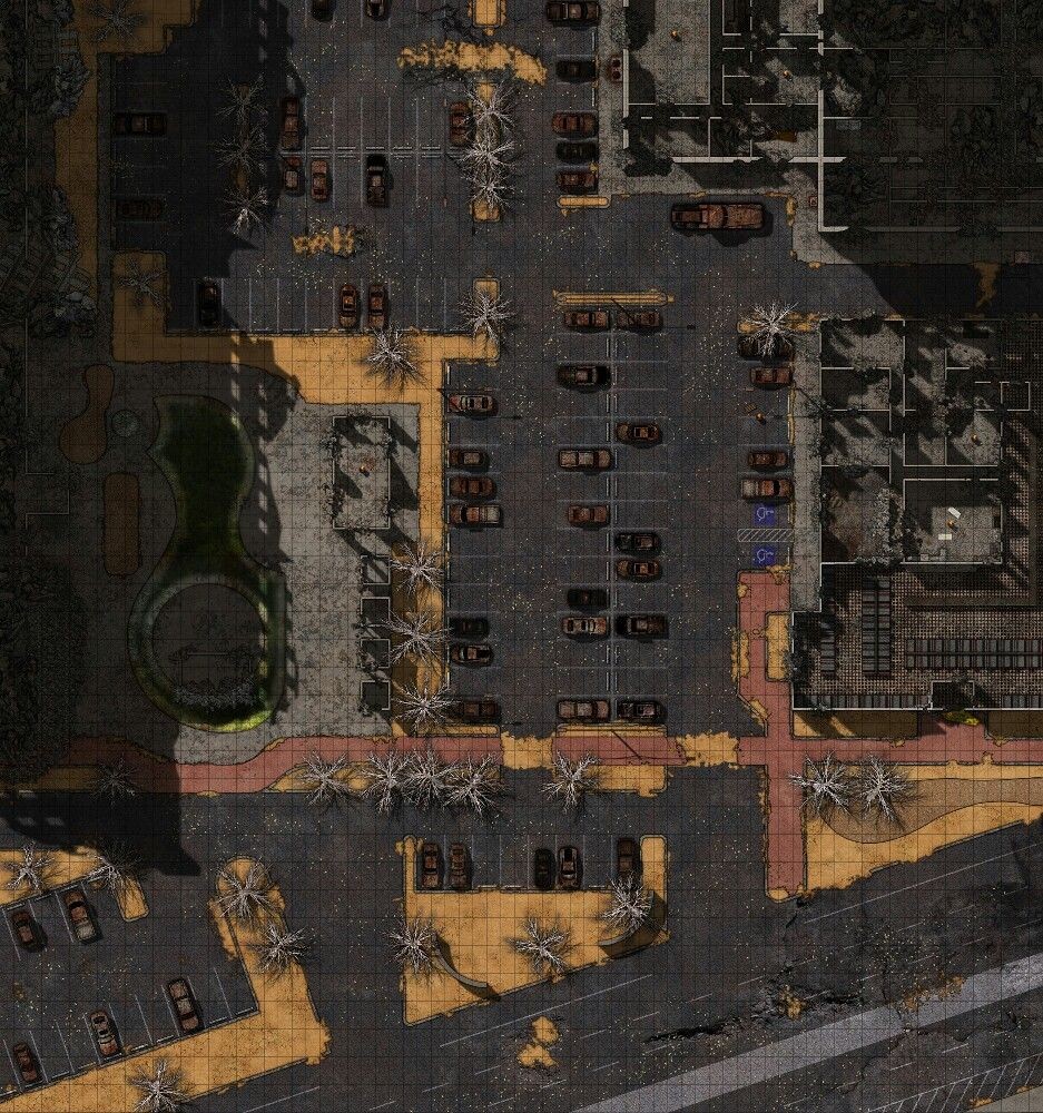 modern parking lot map, carte de JDR moderne (937×1000 pixels) — battlemap pour Roll20 et Foundry VTT.