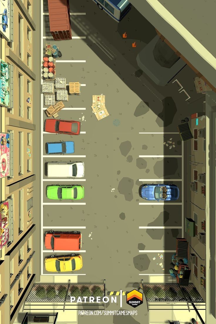 modern parking lot map, carte de JDR moderne (736×1104 pixels) — battlemap pour Roll20 et Foundry VTT.