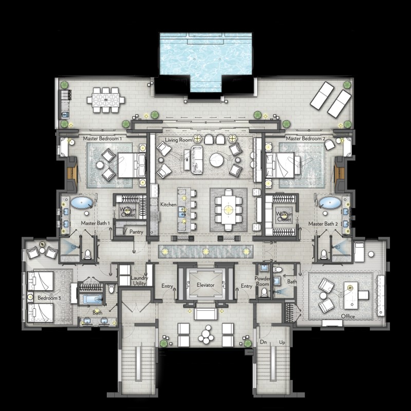 modern penthouse map, carte de JDR moderne (800×800 pixels) — battlemap pour Roll20 et Foundry VTT.