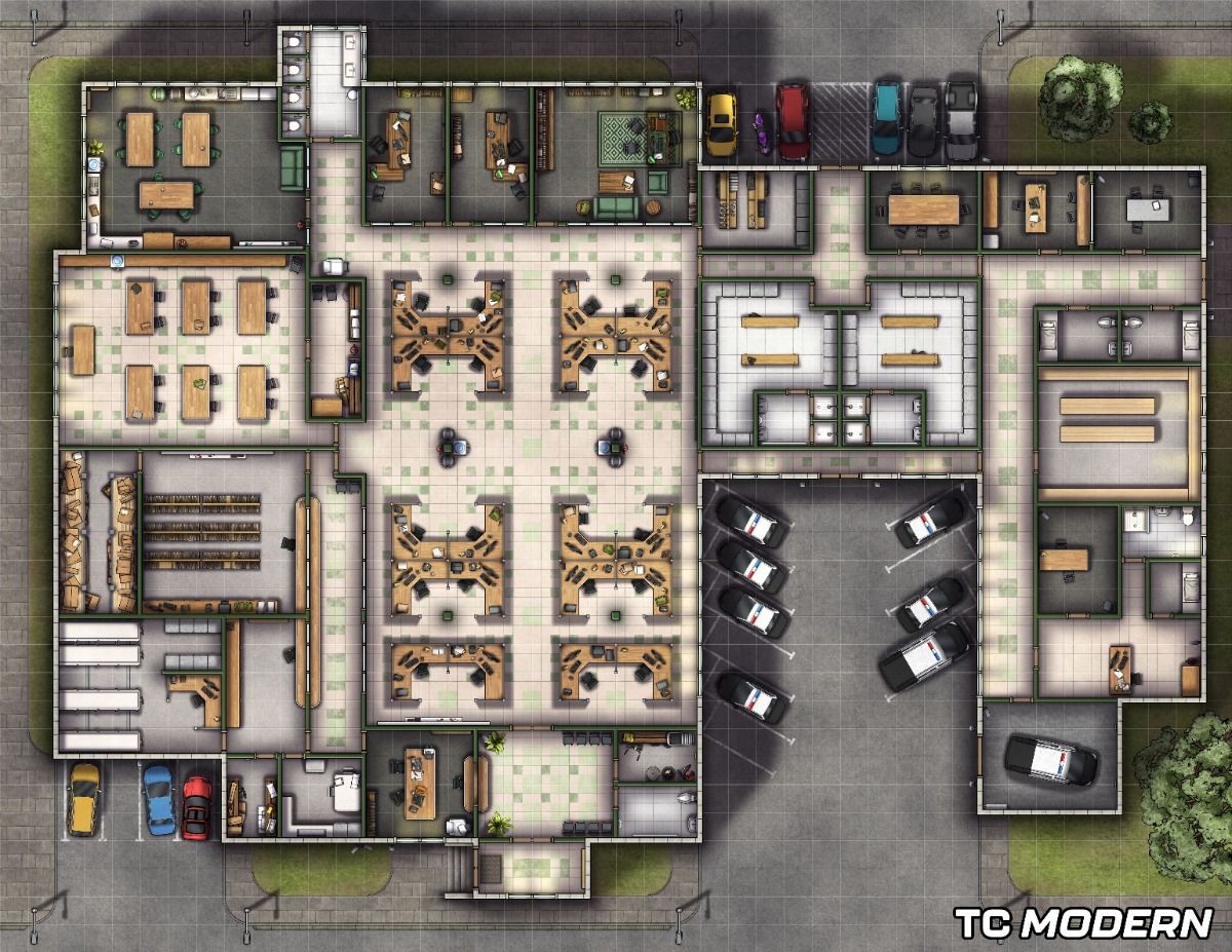 modern police station map, carte de JDR moderne (1200×927 pixels) — battlemap pour Roll20 et Foundry VTT.