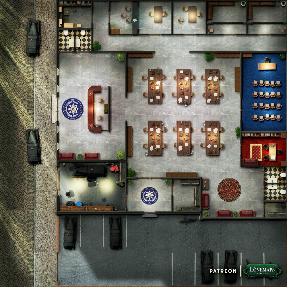 modern police station map, carte de JDR moderne (1000×1000 pixels) — battlemap pour Roll20 et Foundry VTT.