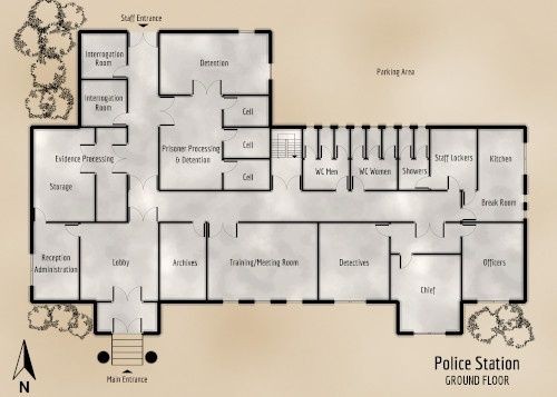 modern police station map, carte de JDR moderne (500×357 pixels) — battlemap pour Roll20 et Foundry VTT.