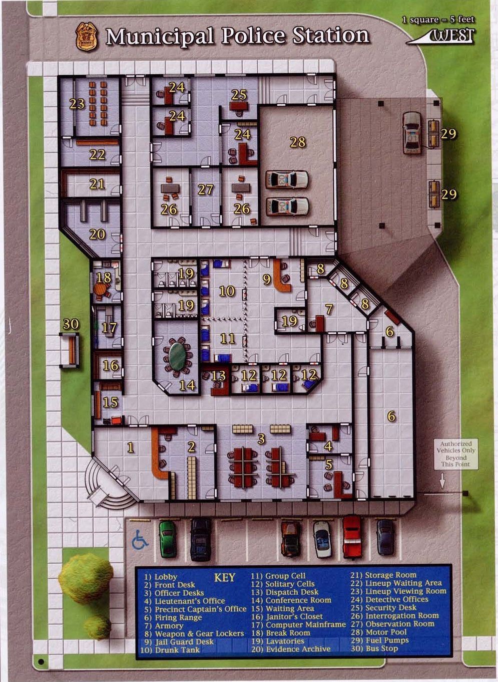 modern police station map, carte de JDR moderne (995×1361 pixels) — battlemap pour Roll20 et Foundry VTT.