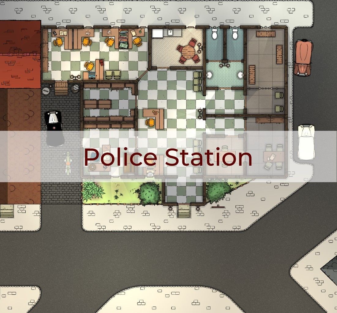 modern police station map, carte de JDR moderne (1101×1024 pixels) — battlemap pour Roll20 et Foundry VTT.
