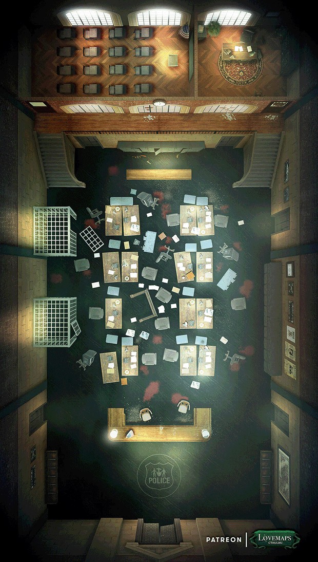 modern police station map, carte de JDR moderne (620×1094 pixels) — battlemap pour Roll20 et Foundry VTT.