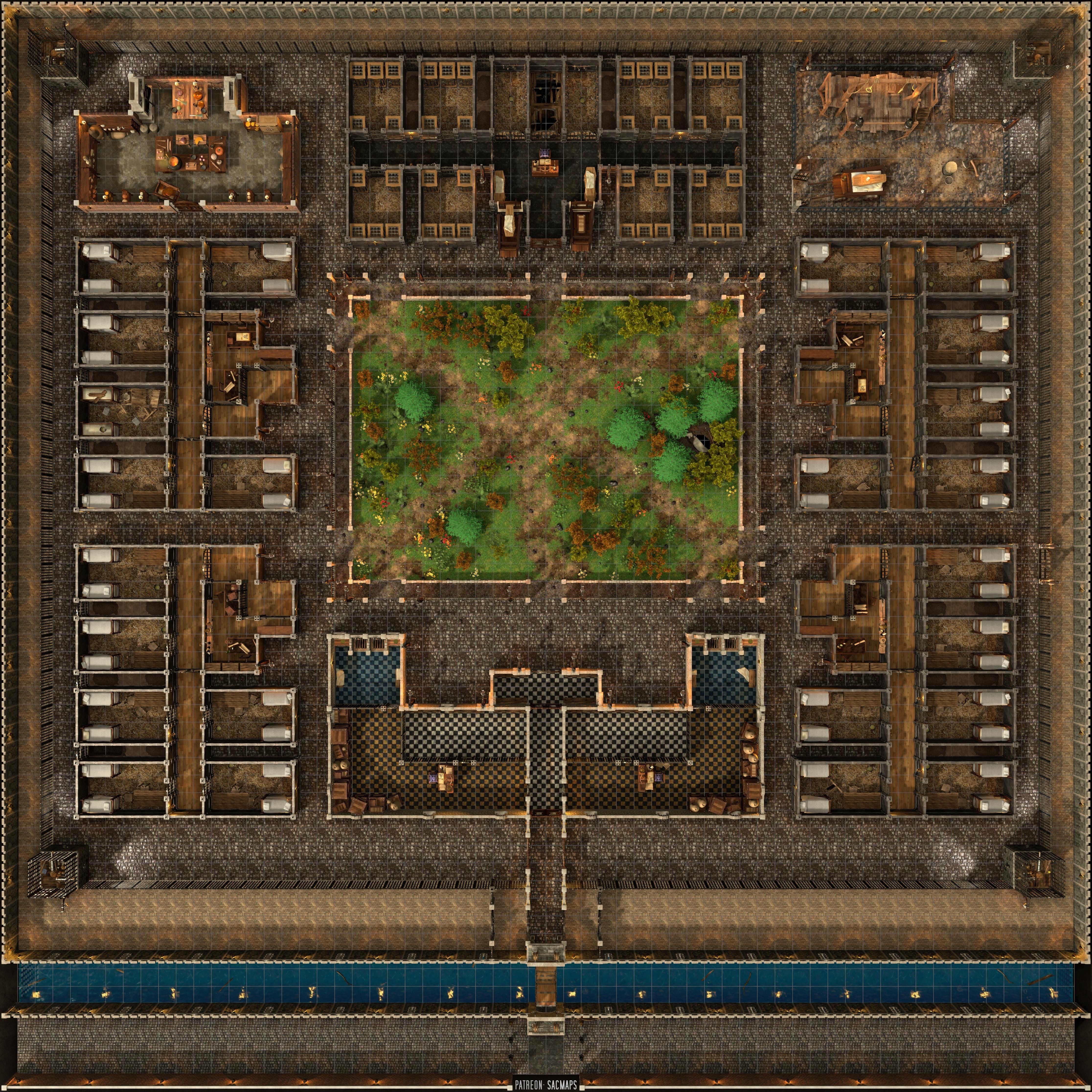 modern prison map, carte de JDR moderne (4464×4464 pixels) — battlemap pour Roll20 et Foundry VTT.