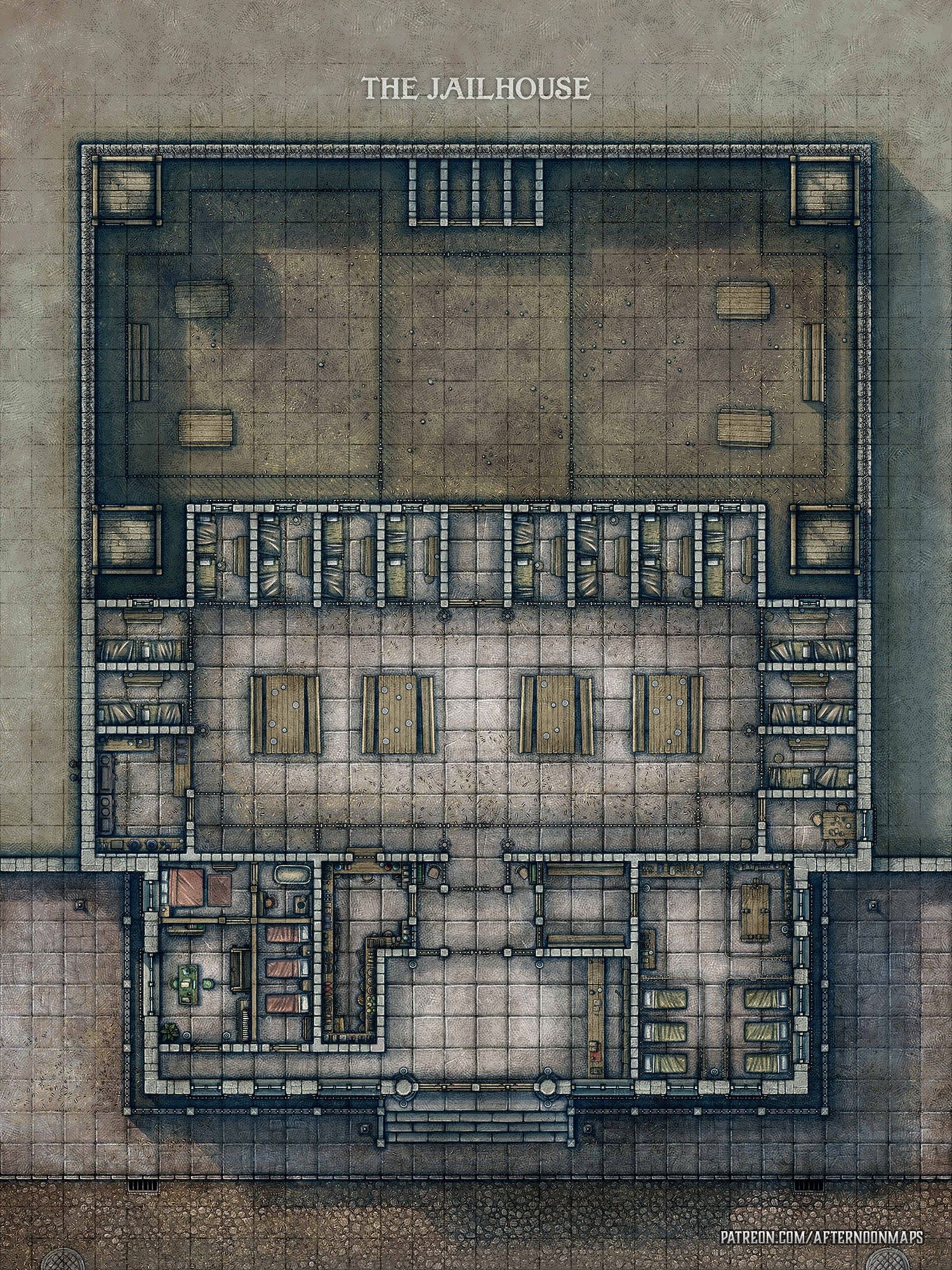 modern prison map, carte de JDR moderne (1500×2000 pixels) — battlemap pour Roll20 et Foundry VTT.