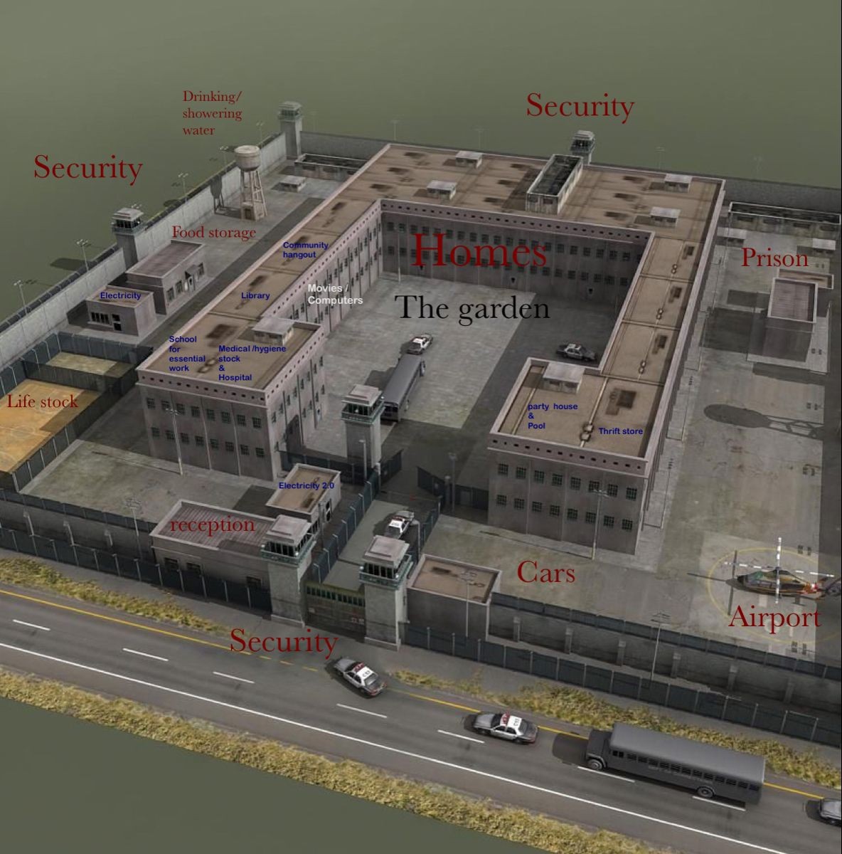 modern prison map, carte de JDR moderne (1184×1200 pixels) — battlemap pour Roll20 et Foundry VTT.