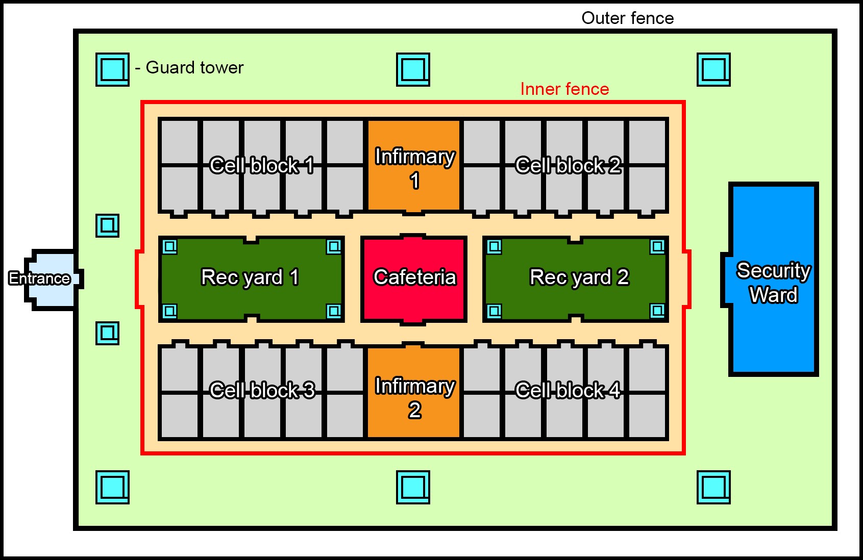 modern prison map, carte de JDR moderne (1691×1098 pixels) — battlemap pour Roll20 et Foundry VTT.