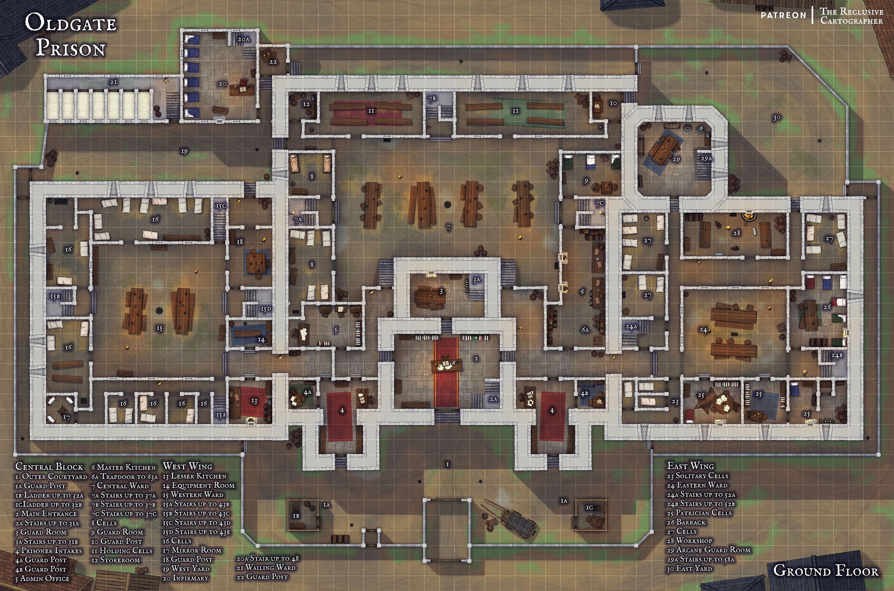 modern prison map, carte de JDR moderne (2950×1950 pixels) — battlemap pour Roll20 et Foundry VTT.