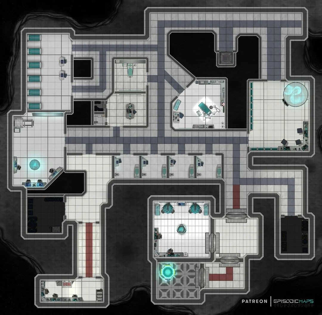 modern research lab map, carte de JDR moderne (1080×1057 pixels) — battlemap pour Roll20 et Foundry VTT.
