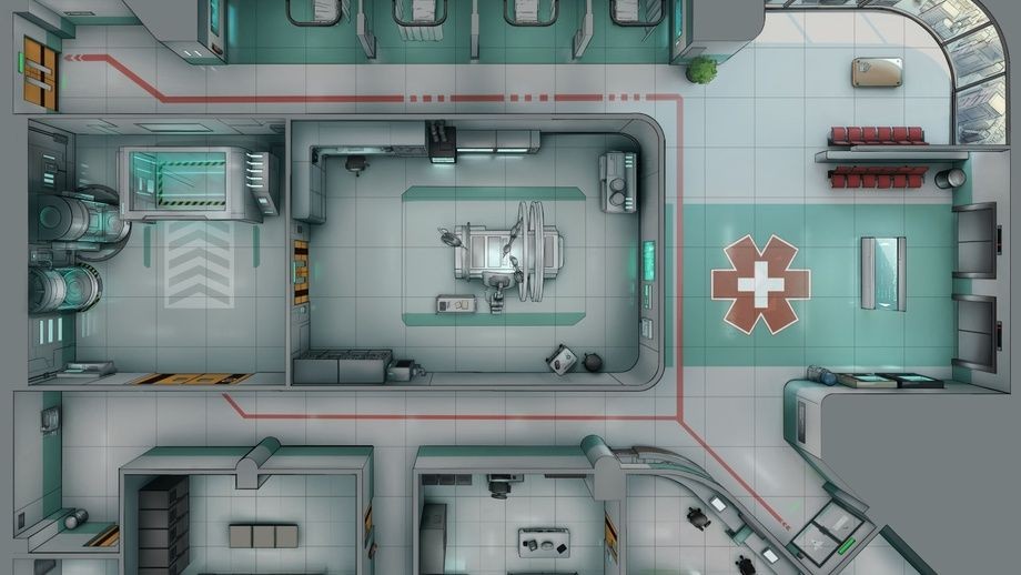modern research lab map, carte de JDR moderne (920×518 pixels) — battlemap pour Roll20 et Foundry VTT.