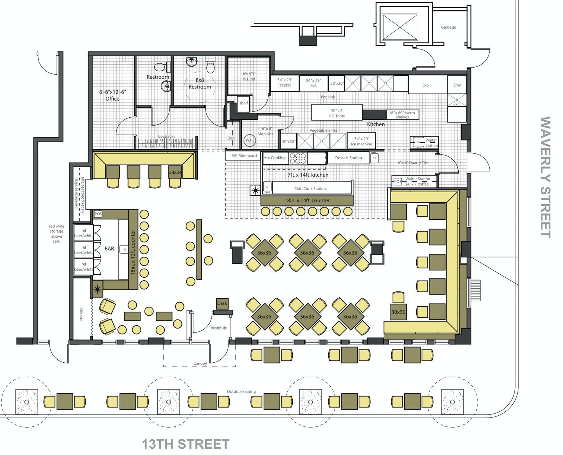 modern restaurant map, carte de JDR moderne (1845×1493 pixels) — battlemap pour Roll20 et Foundry VTT.