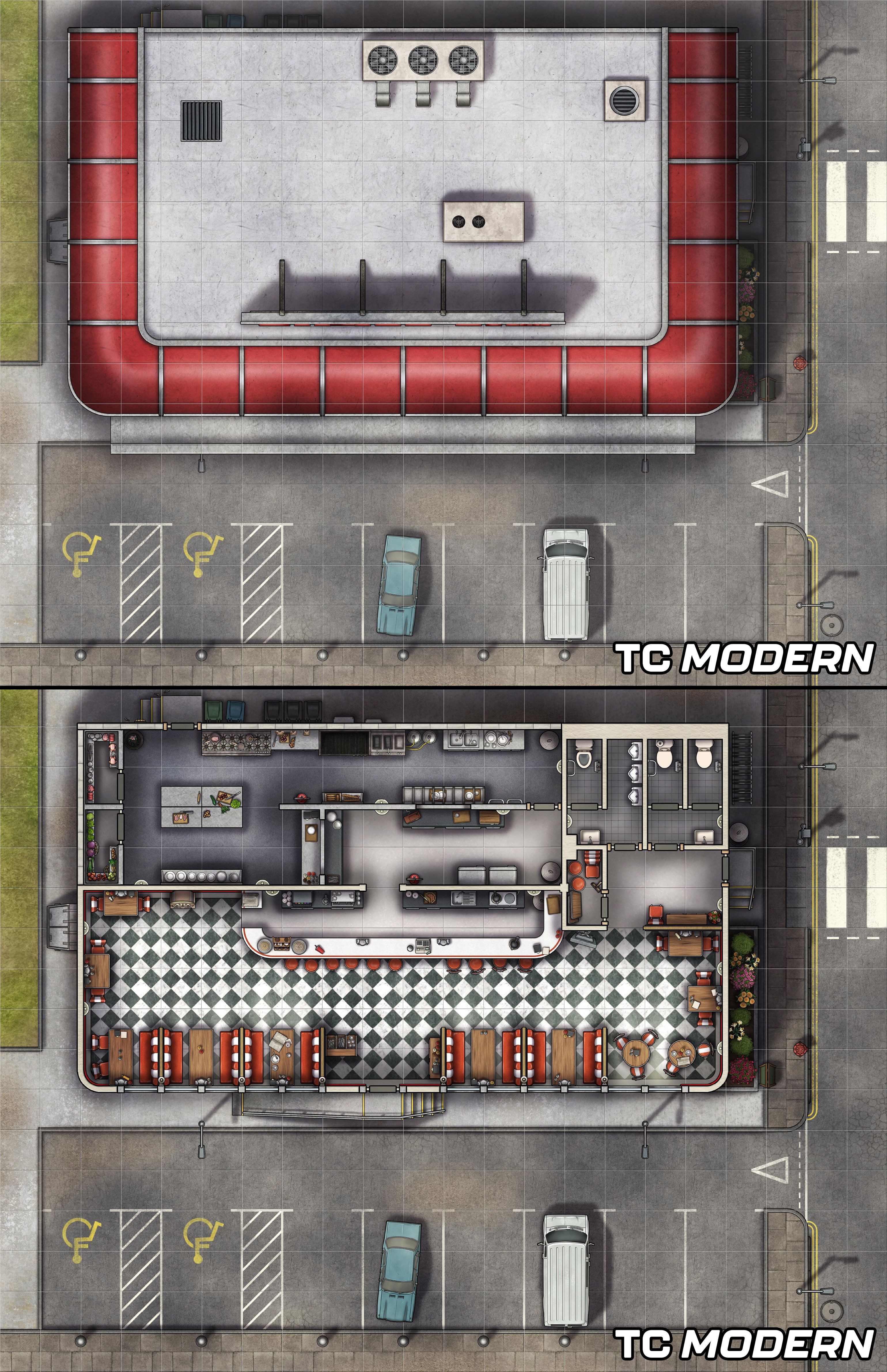 modern restaurant map, carte de JDR moderne (3080×4760 pixels) — battlemap pour Roll20 et Foundry VTT.