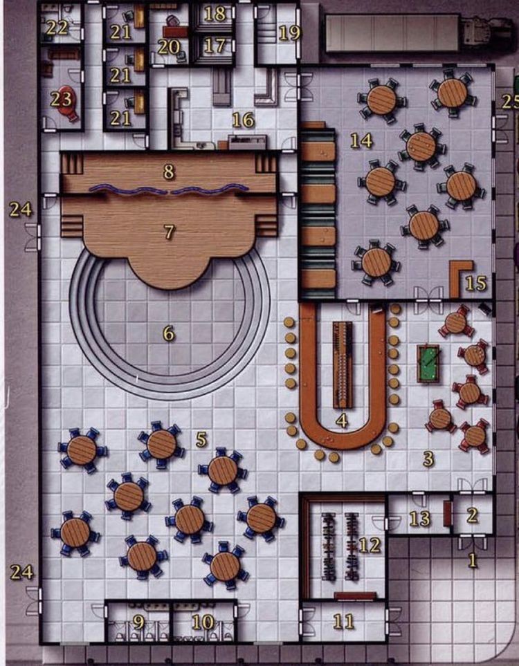 modern restaurant map, carte de JDR moderne (750×963 pixels) — battlemap pour Roll20 et Foundry VTT.