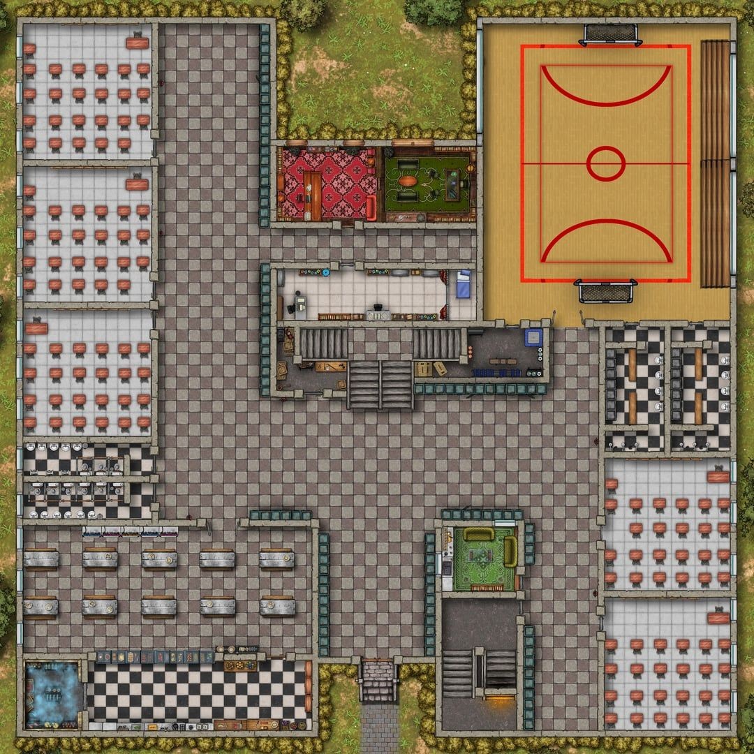 modern school map, carte de JDR moderne (1080×1080 pixels) — battlemap pour Roll20 et Foundry VTT.