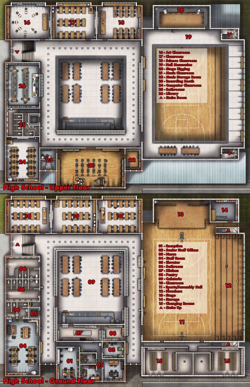 modern school map, carte de JDR moderne (820×1267 pixels) — battlemap pour Roll20 et Foundry VTT.