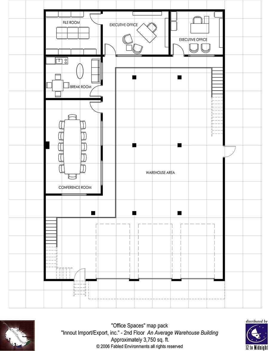modern warehouse map, carte de JDR moderne (900×1174 pixels) — battlemap pour Roll20 et Foundry VTT.