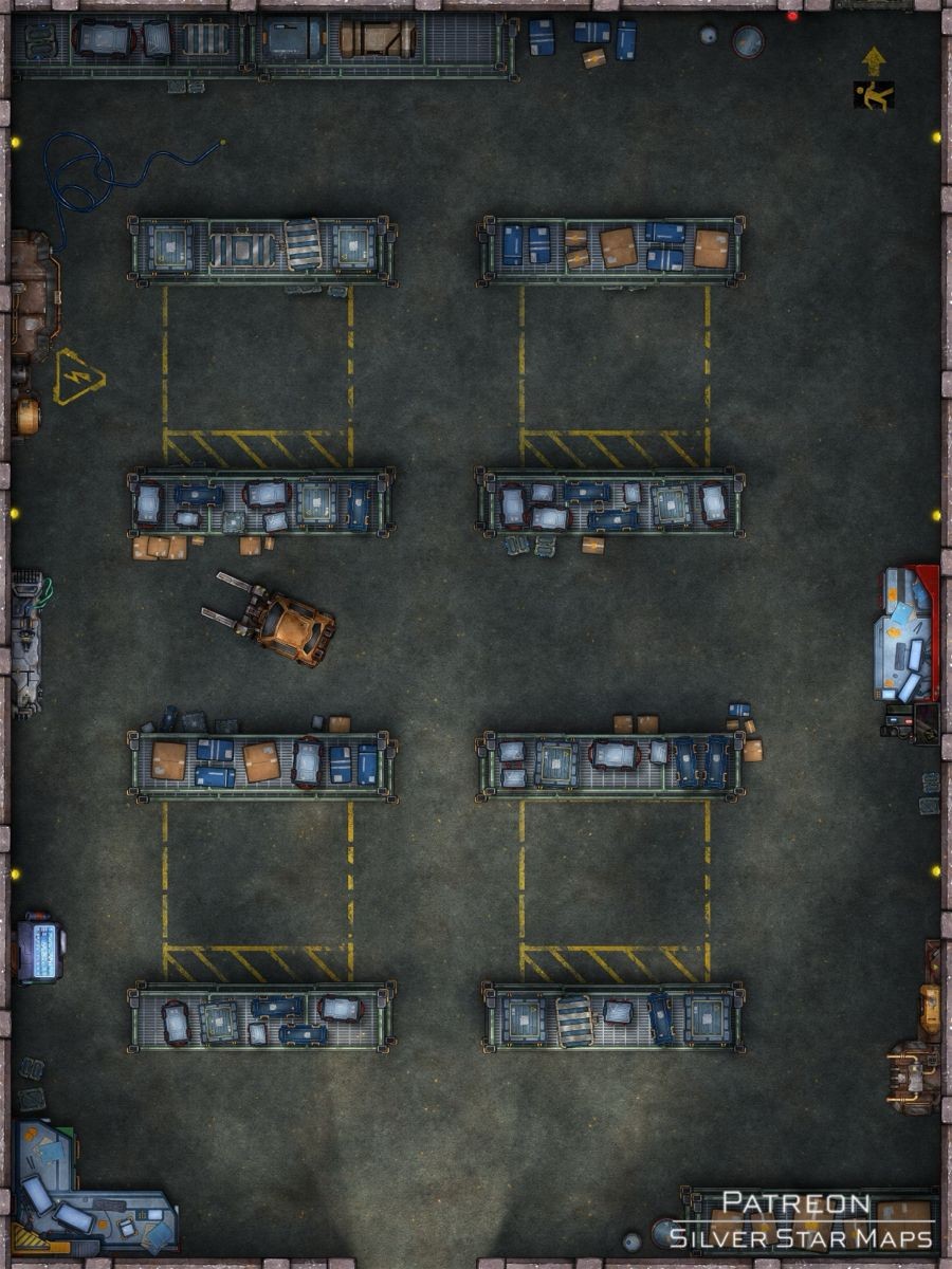 modern warehouse map, carte de JDR moderne (900×1200 pixels) — battlemap pour Roll20 et Foundry VTT.