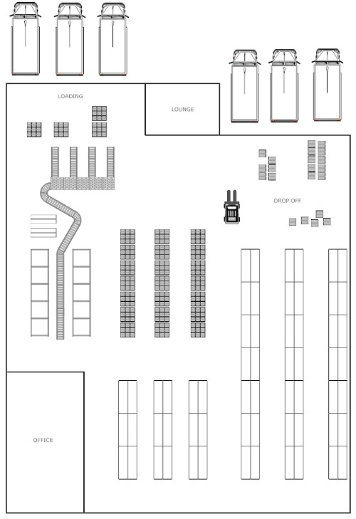 modern warehouse map, carte de JDR moderne (500×729 pixels) — battlemap pour Roll20 et Foundry VTT.