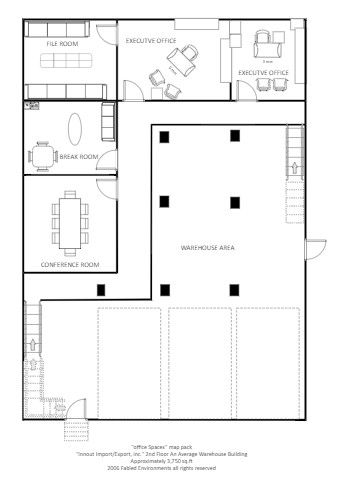 modern warehouse map, carte de JDR moderne (340×487 pixels) — battlemap pour Roll20 et Foundry VTT.