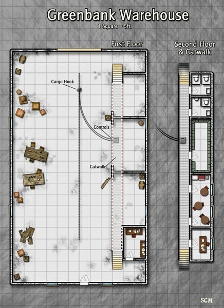 modern warehouse map, carte de JDR moderne (436×600 pixels) — battlemap pour Roll20 et Foundry VTT.