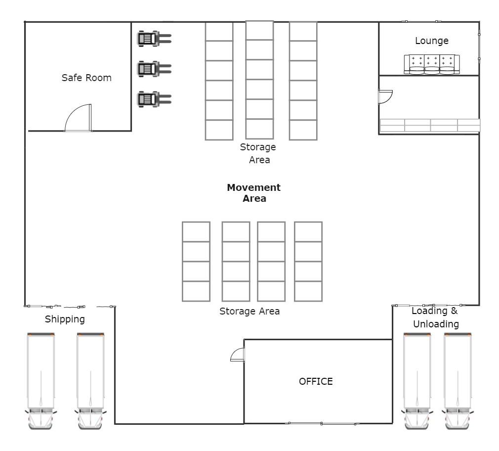 modern warehouse map, carte de JDR moderne (1010×912 pixels) — battlemap pour Roll20 et Foundry VTT.