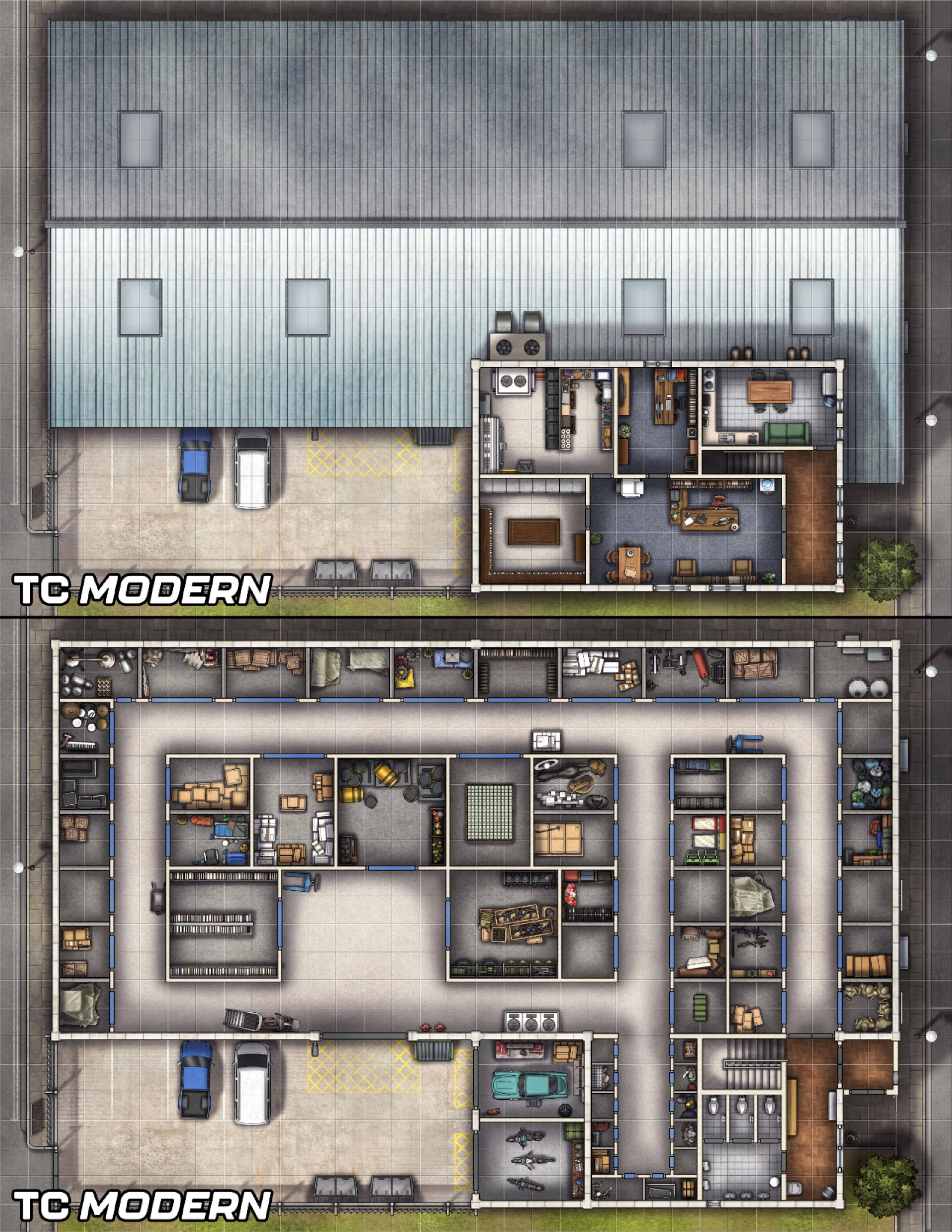 modern warehouse map, carte de JDR moderne (3166×4097 pixels) — battlemap pour Roll20 et Foundry VTT.