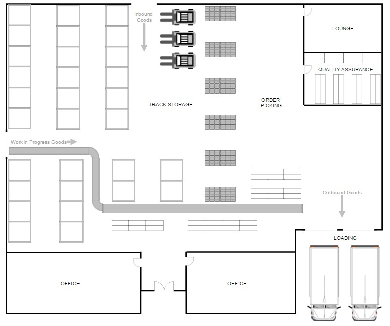 modern warehouse map, carte de JDR moderne (775×648 pixels) — battlemap pour Roll20 et Foundry VTT.