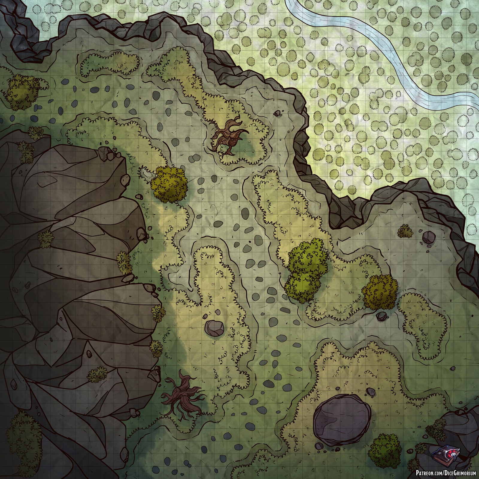 mountain pass map dnd, carte de JDR fantasy (1600×1600 pixels) — battlemap pour Roll20 et Foundry VTT.