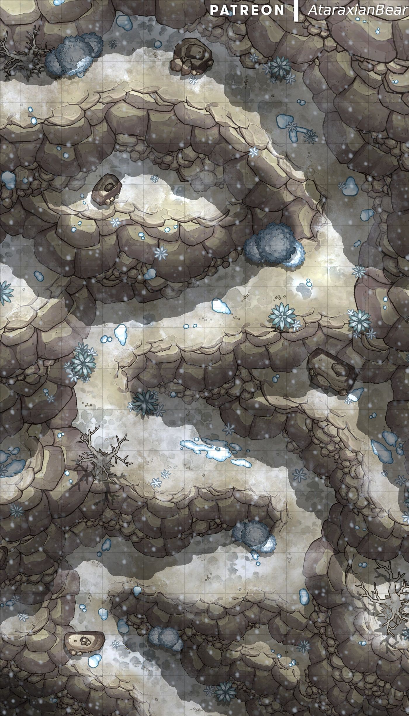mountain pass map dnd, carte de JDR fantasy (1400×2450 pixels) — battlemap pour Roll20 et Foundry VTT.