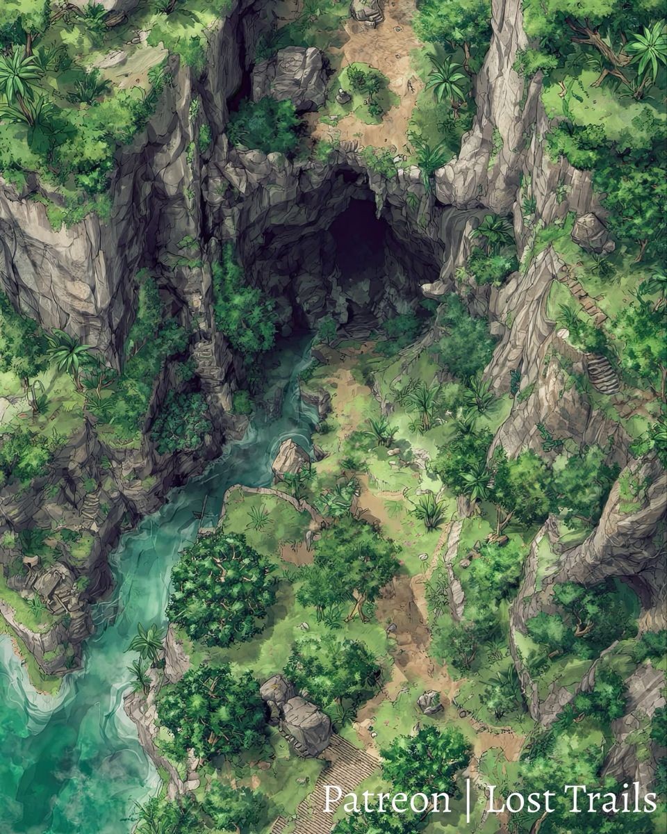 mountain pass map dnd, carte de JDR fantasy (960×1200 pixels) — battlemap pour Roll20 et Foundry VTT.