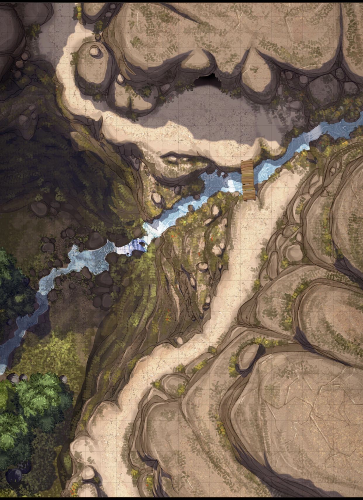 mountain pass map dnd, carte de JDR fantasy (1242×1710 pixels) — battlemap pour Roll20 et Foundry VTT.