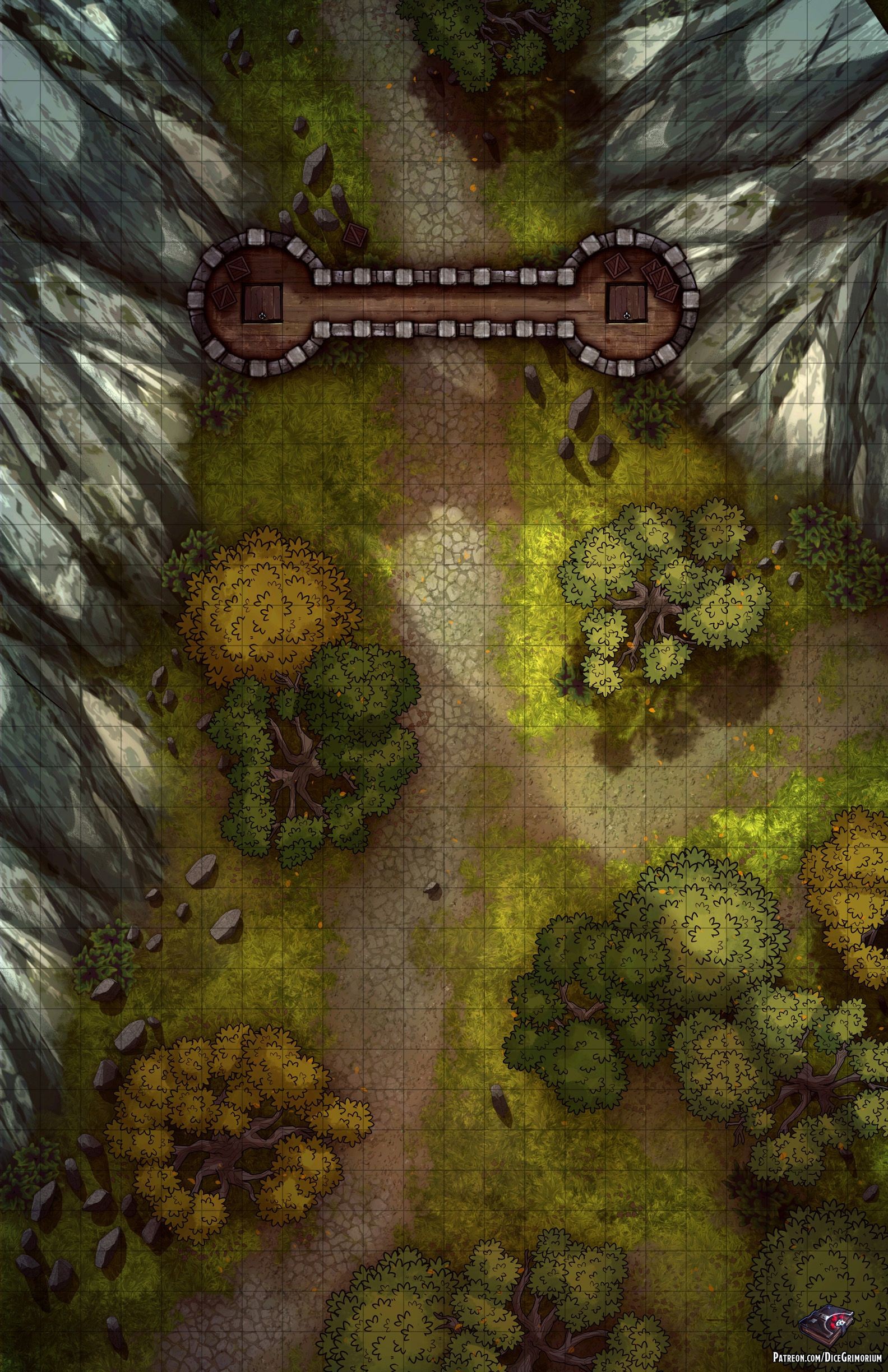 mountain pass map dnd, carte de JDR fantasy (1584×2448 pixels) — battlemap pour Roll20 et Foundry VTT.